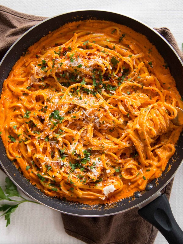 Creamy Roasted Red Pepper Pasta- Overhead Shot