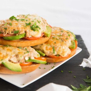 Avocado Tuna Melts stacked on a plate