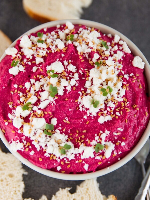 Roasted Beetroot and Feta Hummus overhead shot