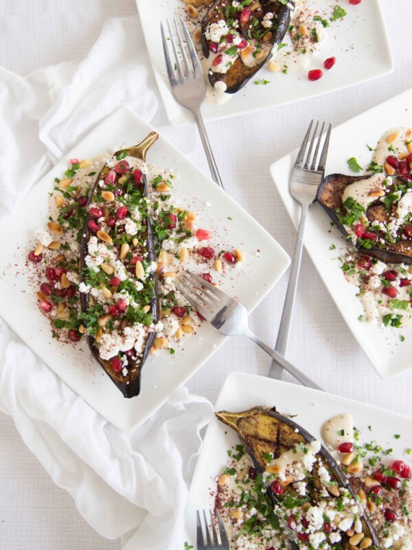 Roasted Eggplant with Tahini Yogurt Sauce and Pomegranate