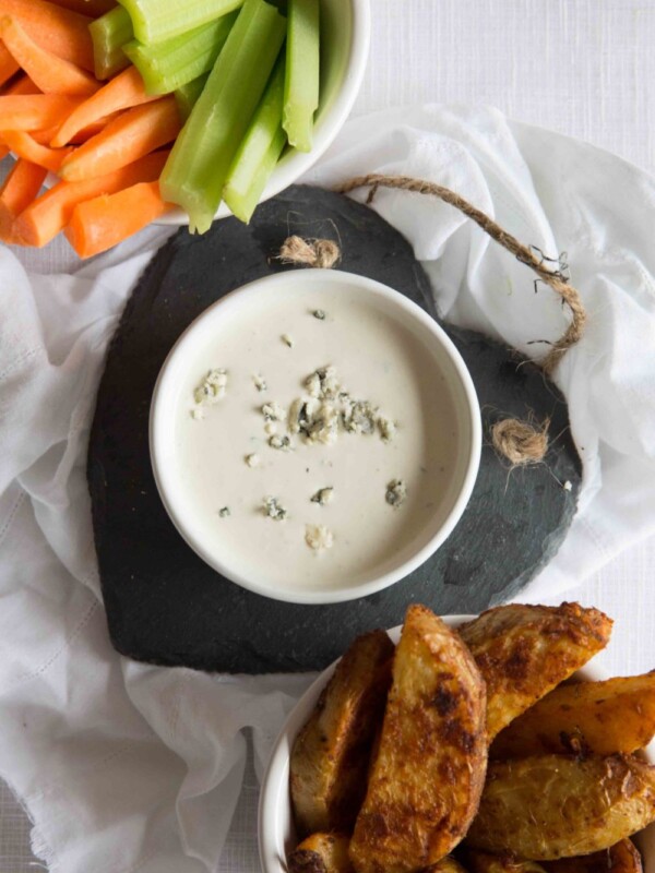 Blue Cheese Dip recipe with carrots, celery and potato wedges