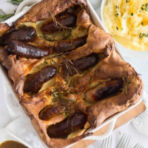 Toad in the Hole with Dijon Mash Potato and Red Wine Onion Gravy