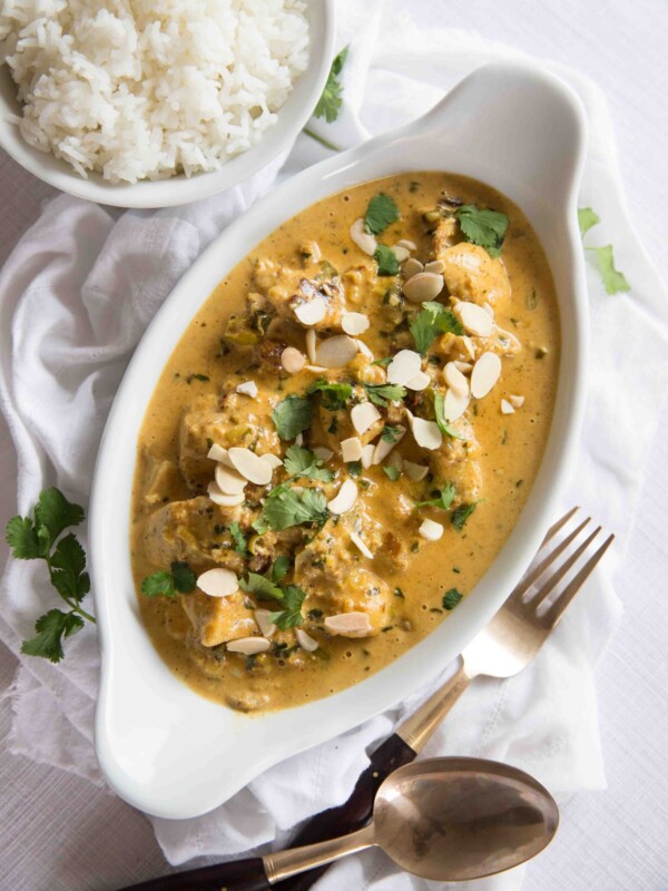 Overhead shot Coronation Chicken Recipe with rice