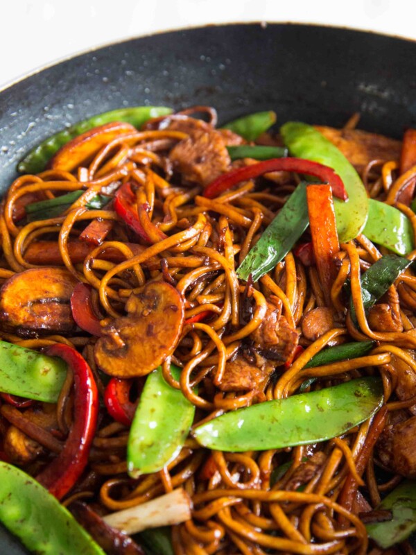 Chicken Noodle Stir Fry in the wok close up