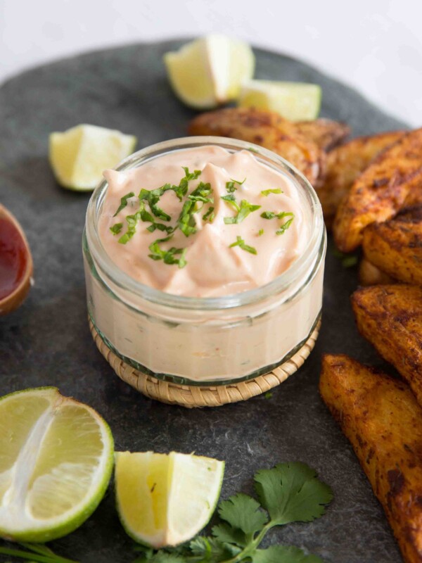 Sriracha Lime Mayo next to baked potato wedges