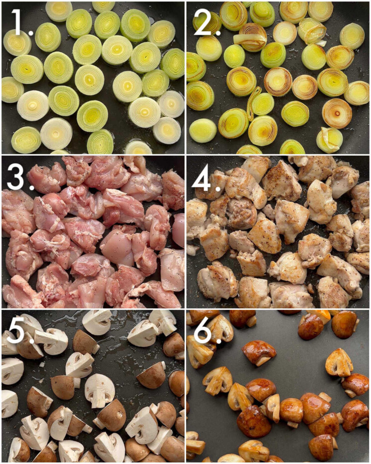 6 step by step photos showing how to fry chicken leek and mushrooms