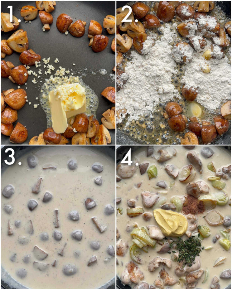 4 step by step photos showing how to make chicken leek mushroom pie filling