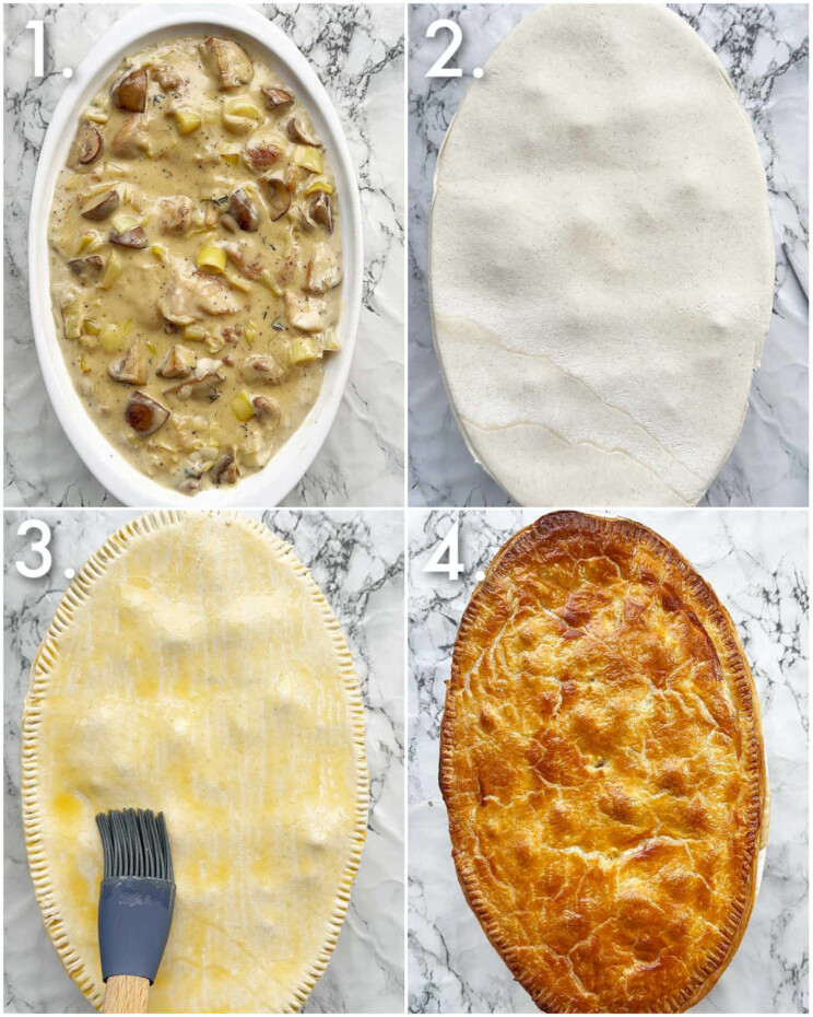 4 step by step photos showing how to make chicken leek mushroom pie