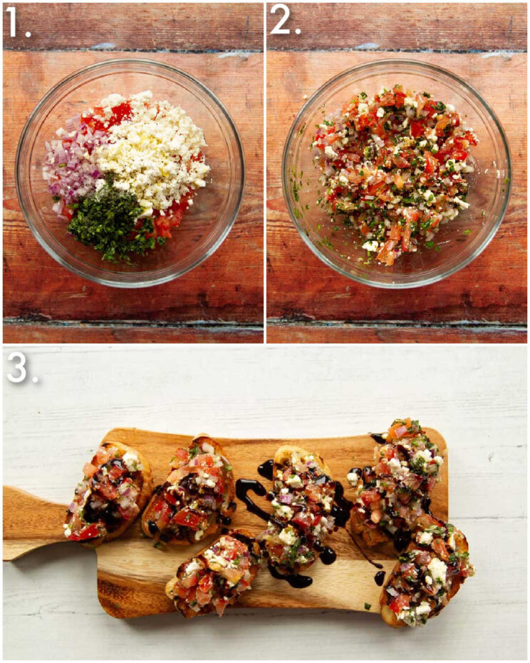 3 step by step photos showing how to make feta bruschetta