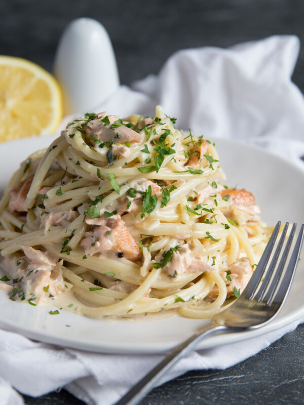 Salmon Pasta in a Creamy Dill Sauce with lemon and parsley