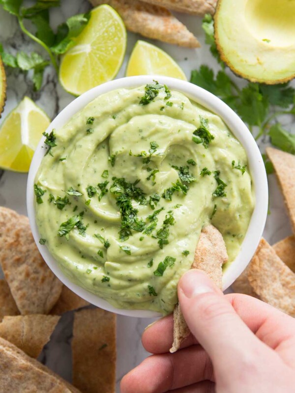 Creamy Avocado Dip with pita bread chips