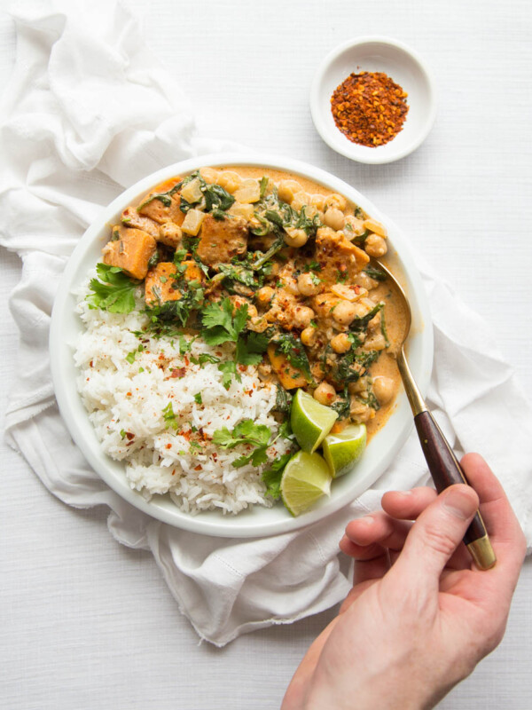 Chickpea Sweet Potato Curry with chilli flakes to serve