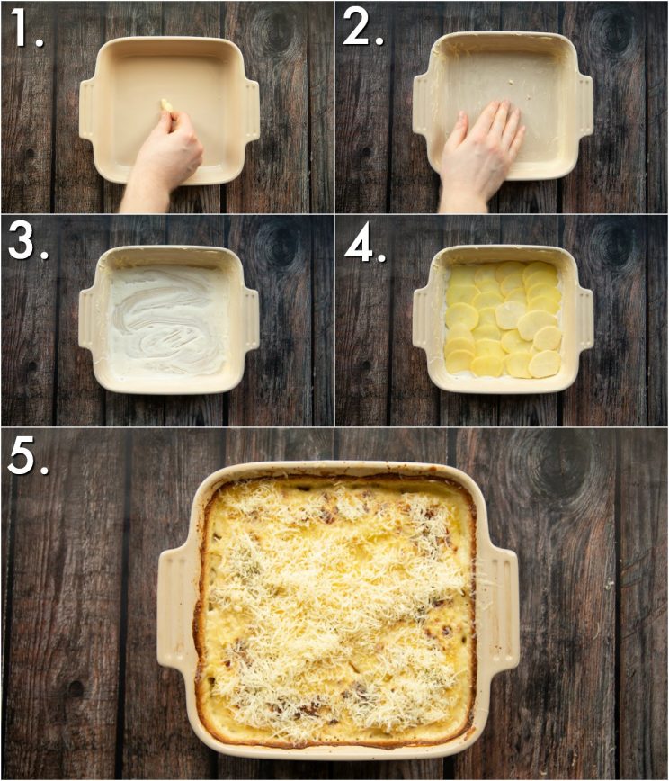 5 step by step photos showing how to make potato dauphinoise