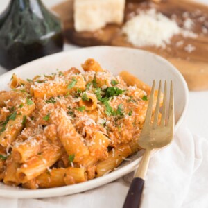 Sausage Pasta in a Sun Dried Tomato Mascarpone Sauce served with parmesan and parsley