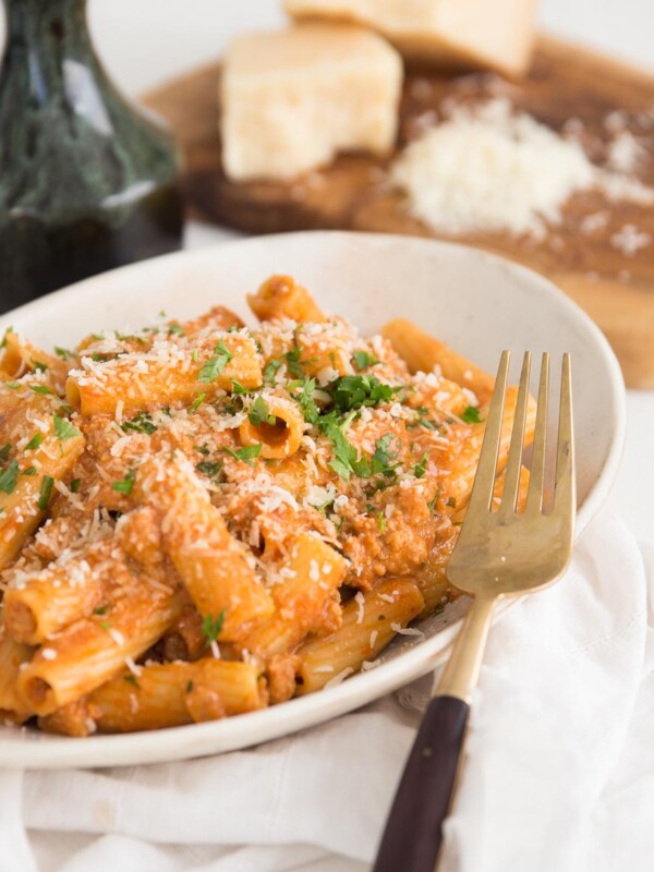 Sausage Pasta in a Sun Dried Tomato Mascarpone Sauce served with parmesan and parsley