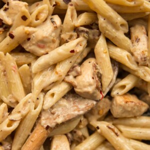 overhead shot of chicken pasta in skillet