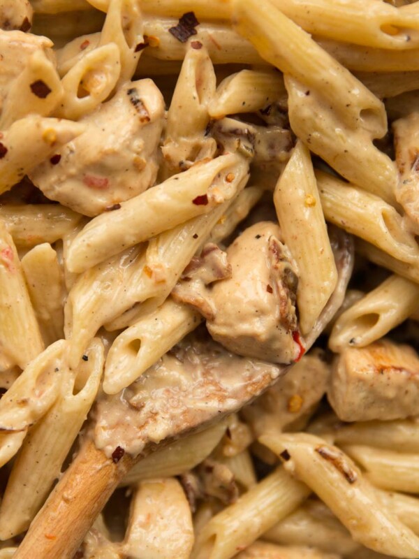 overhead shot of chicken pasta in skillet