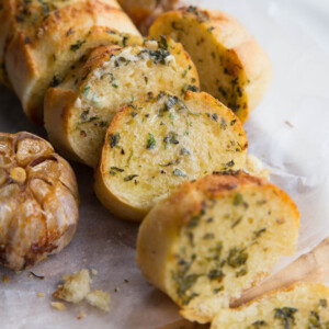 closeup shot of Roasted Garlic Bread fresh out the oven