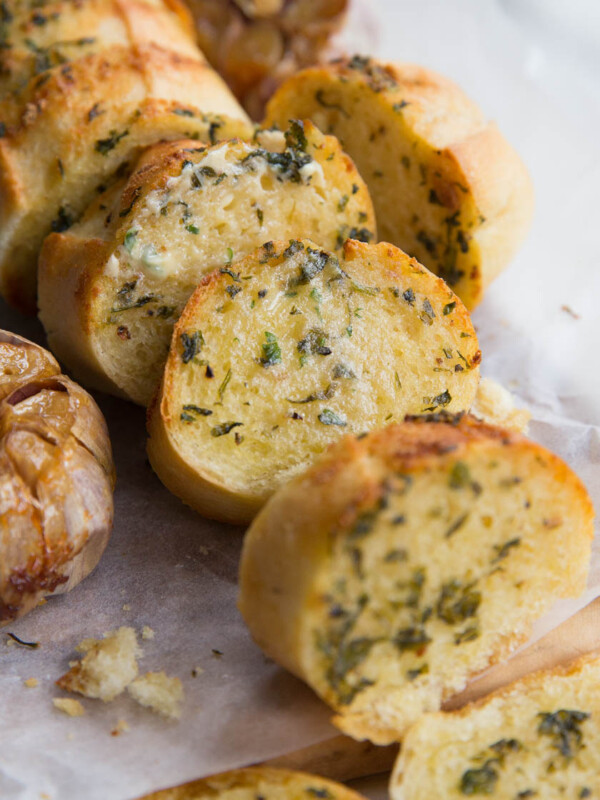 closeup shot of Roasted Garlic Bread fresh out the oven