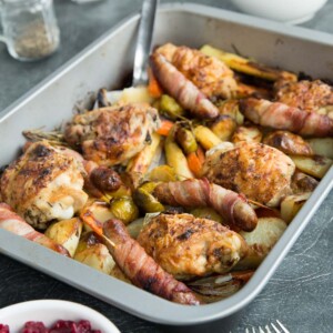 One Pan Roast Dinner with cranberry sauce and gravy