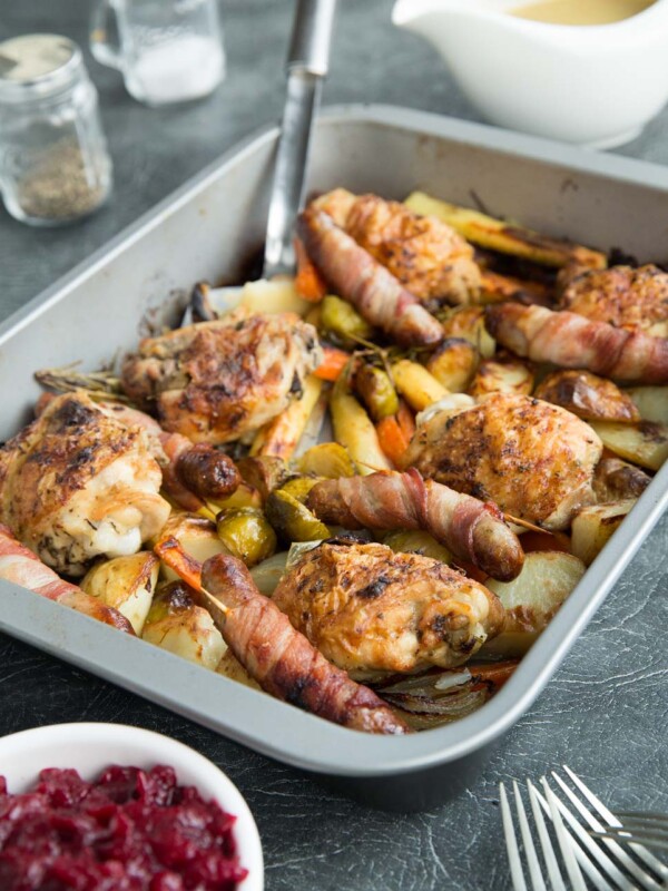 One Pan Roast Dinner with cranberry sauce and gravy