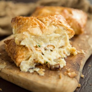 Cheese pouring out of greggs copycat cheese and onion pasty