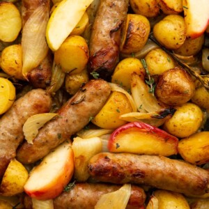 overhead shot of sausage tray bake fresh out the oven