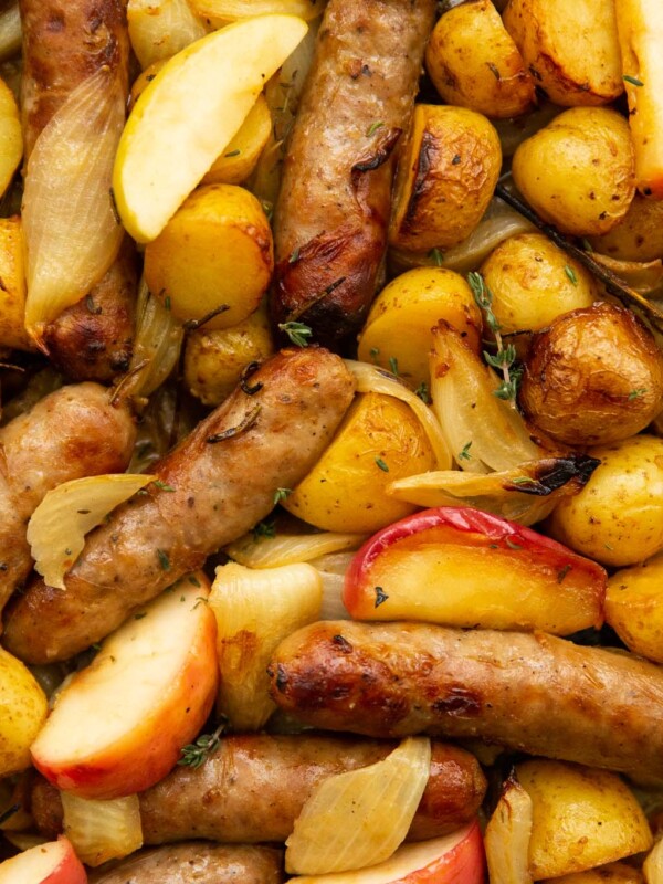 overhead shot of sausage tray bake fresh out the oven