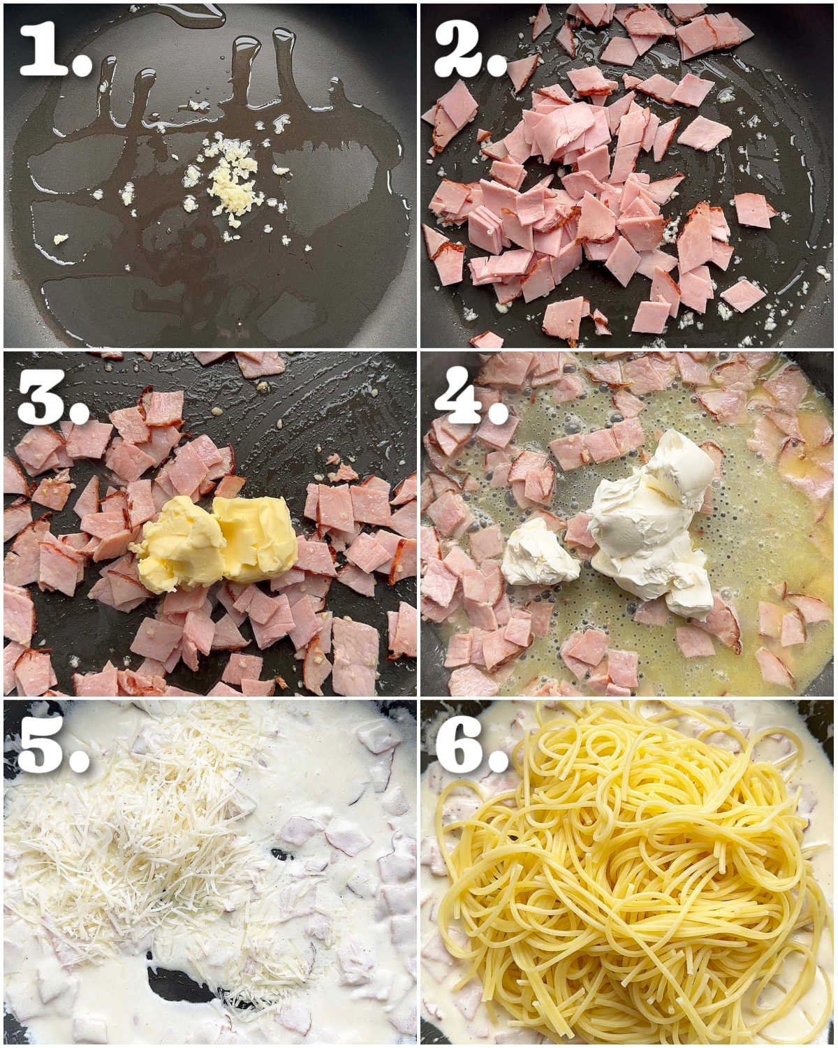 6 step by step photos showing how to make cream cheese pasta