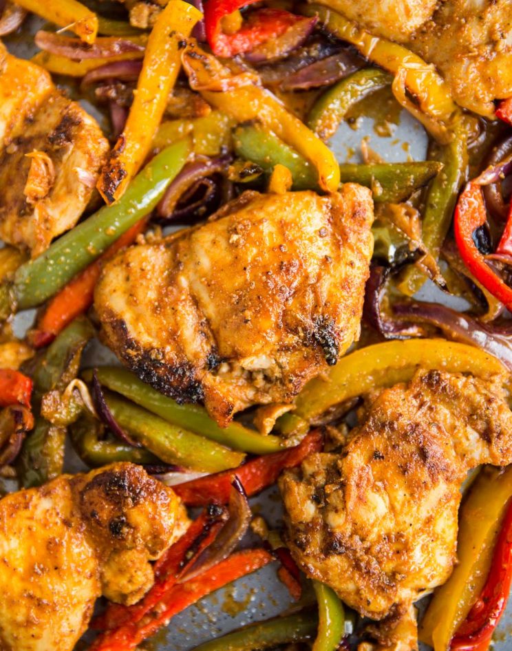 Chicken, peppers and onions fresh out the oven on sheet pan