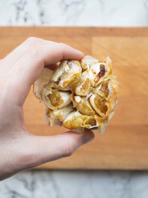 Closeup of roasted garlic fresh out the oven