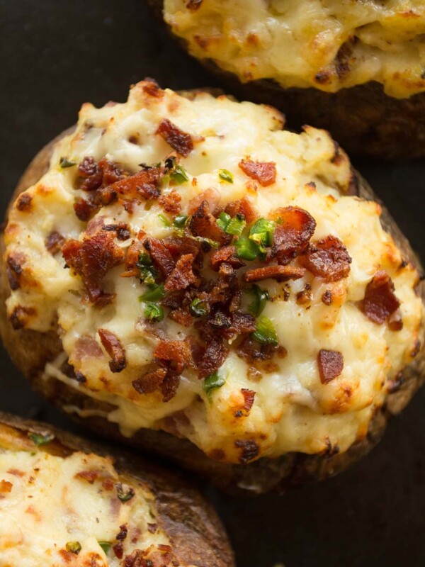 overhead shot of loaded potato fresh out the oven