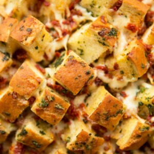 Close up overhead shot of pull apart bread fresh out the oven