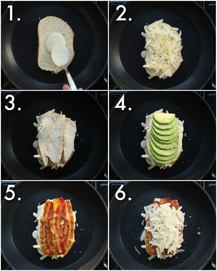 6 step by step photos showing how to make turkey grilled cheese