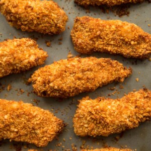 overhead shot of chicken tenders straight out the oven