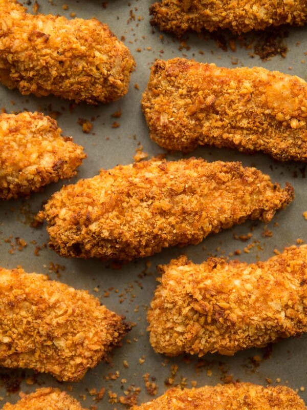 overhead shot of chicken tenders straight out the oven