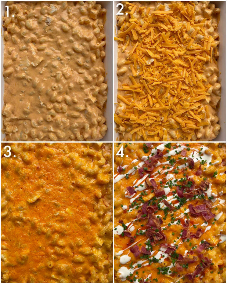 4 step by step photos showing how to make baked buffalo chicken mac and cheese