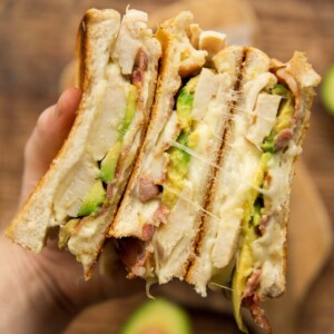 overhead shot of open grilled cheese showing filling