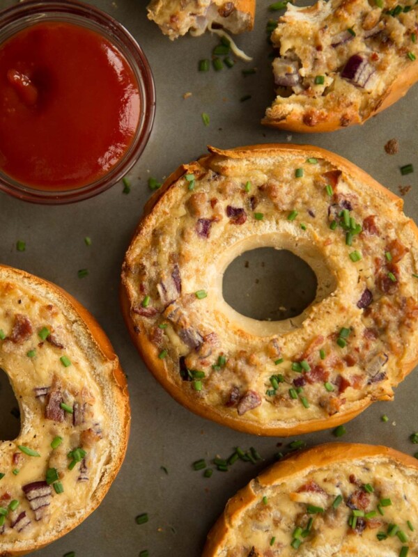 overhead shot of bagels with pot of ketchup