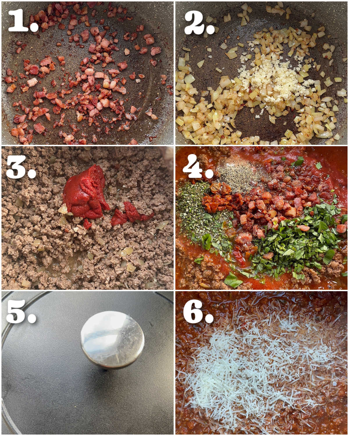 6 step by step photos showing how to make bolognese