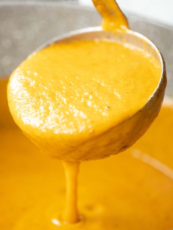 closeup shot of scoop of soup dripping out of ladle