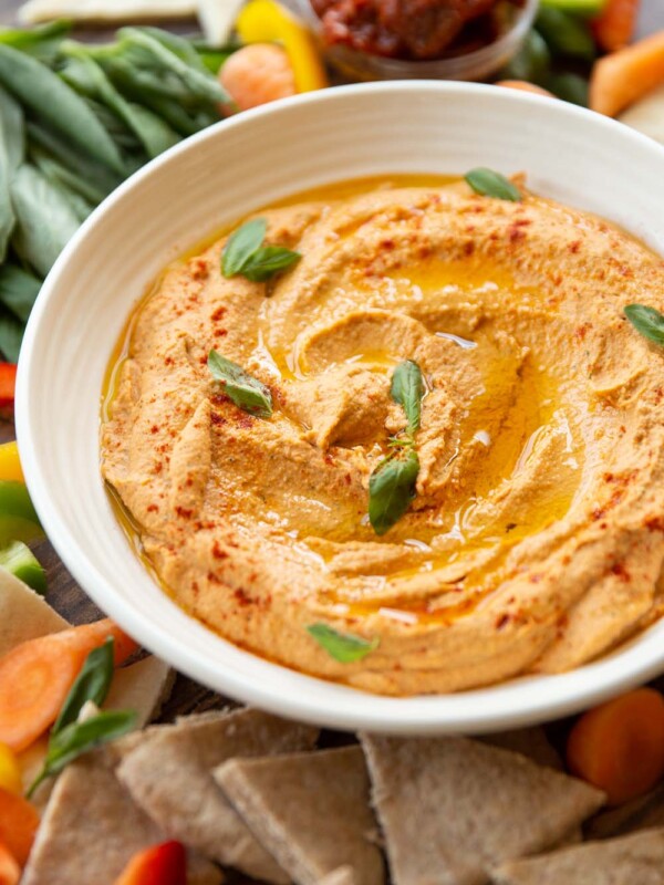 close up shot of hummus surrounded by vegetables and pita chips