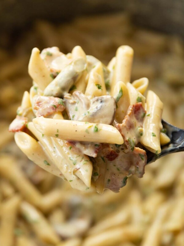 closeup shot ofpasta on serving spoon with pot blurred in background