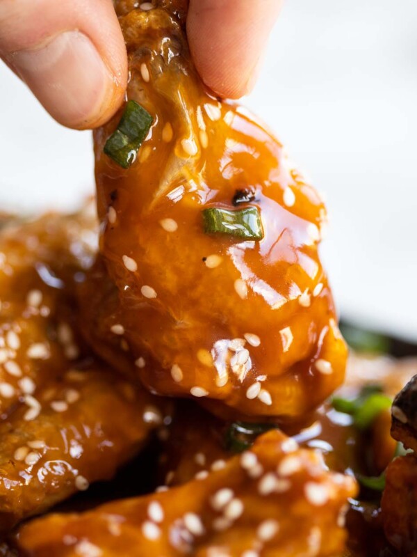 closeup shot of fingers holding chicken wing garnished with spring onion and sesame seeds