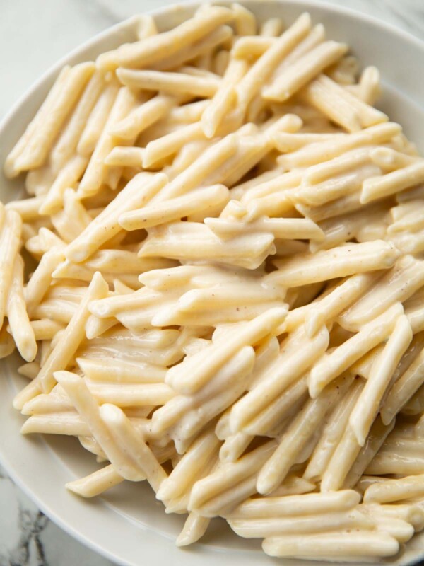 4 cheese pasta served in large white bowl