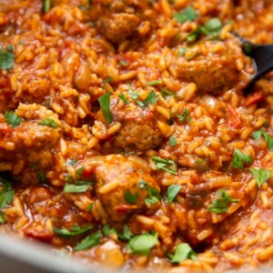 closeup shot of meatballs and rice in pot, focus on meatball in centre