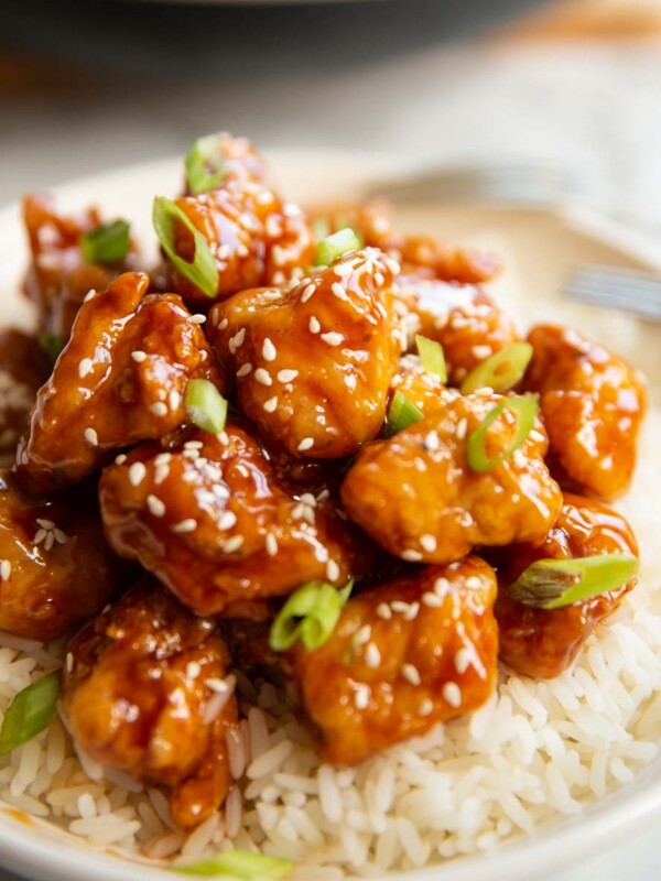 chicken served on rice garnished with spring onion and sesame seeds in white bowl