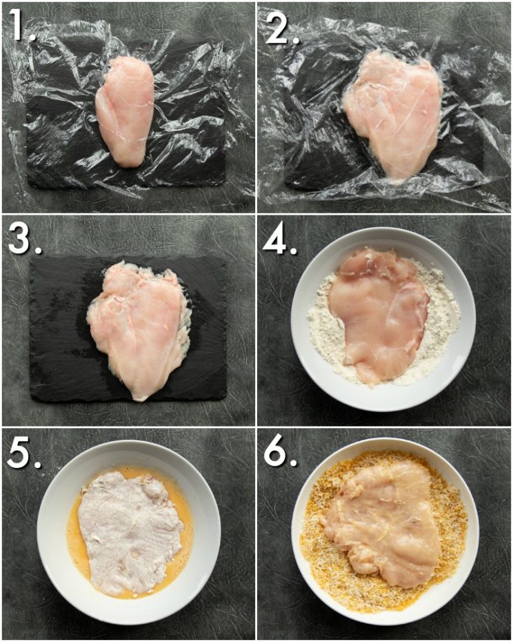 6 step by step photos showing how to bread chicken