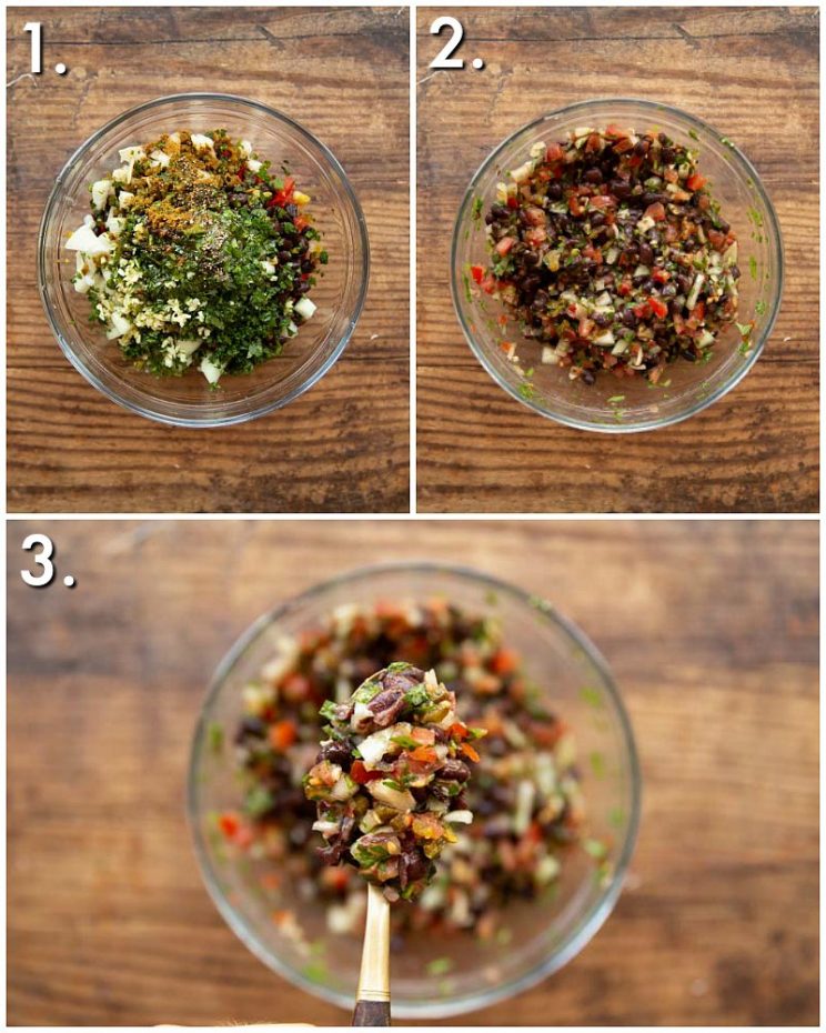 3 step by step photos showing How to make Black Bean Salsa