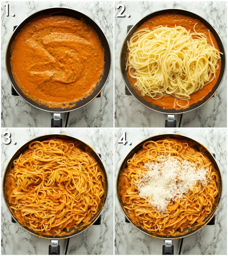 4 step by step photos of How to make pasta pomodoro